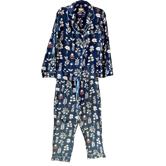 Bedhead Pajama Set Size L Classic Long Sleeve Dk Navy Blue Floral Pockets Cotton - Picture 1 of 16